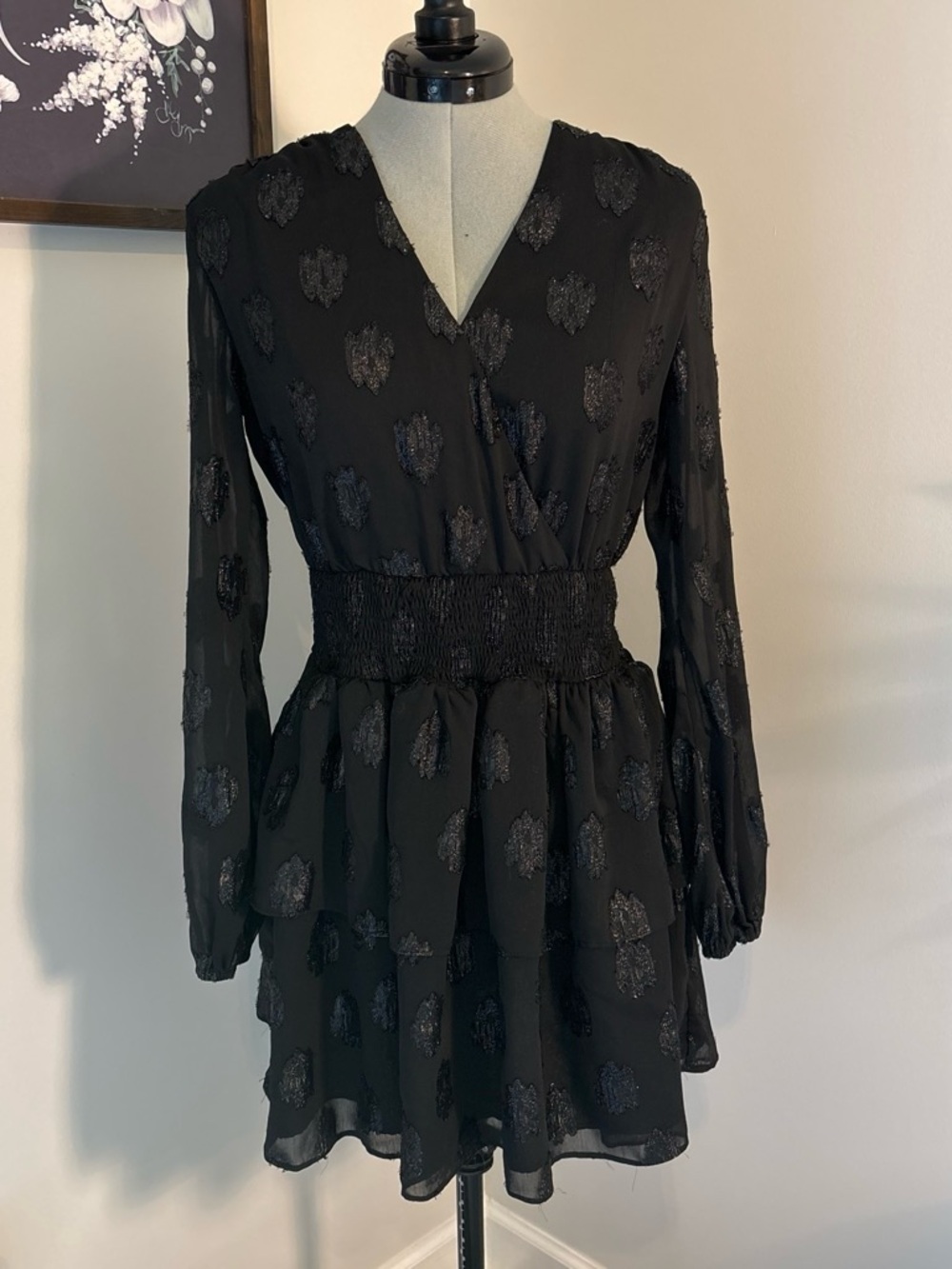 DO+BE Black Long Sleeve Smocked Waist Tiered V-Neck Dress